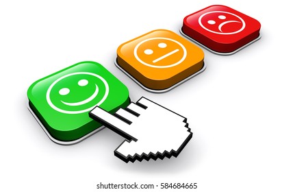 Happy Customer Feedback Concept With Hand Clicking On Positive Business Quality Button 3D Illustration.