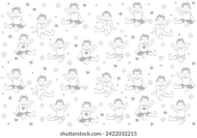 Happy cute babies sitting. Toddler girls and boys Growth from newborn to toddler. First year activities. Cartoon Child isolated on white background. Happy baby wave hand. light background illustration - Powered by Shutterstock