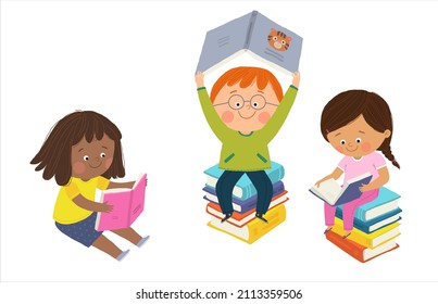 Happy cute boy and girl sitting on pile stack of books and reading, kids enjoying reading, Cartoon hand drawn10 illustration isolated on white in a flat style. - Powered by Shutterstock