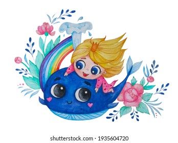 Happy cute little girl princess and blue whale on a background of rainbow and flowers. Kids collection. Watercolor. Hand drawing on white background