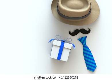 Happy Father’s Day concept with gift box, mustache and neck tie on white background, Top view with copy space, 3d rendering - Powered by Shutterstock