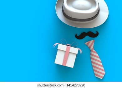 Happy Father’s Day concept with gift box, mustache and neck tie on blue background, Top view with copy space, 3d rendering - Powered by Shutterstock