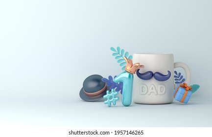 Happy Father’s Day Decoration Background With Mug Cup, Hat, Gift Box, Copy Space Text, 3d Rendering Illustration 