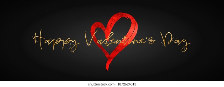 Happy Valentine’s day. Text with golden glitter letters and a red heart on a black background. Congratulations for February 14.