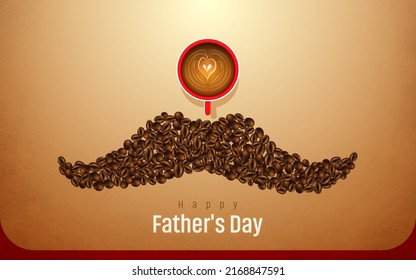 Happy Father’s Day. Top View Coffee Cup And Mustache On Vintage Background. Mustache Making With Coffee Beans. Red Coffee Mug. Banner, Backdrop, Background. 3D Illustration, 3d Rendering. Art