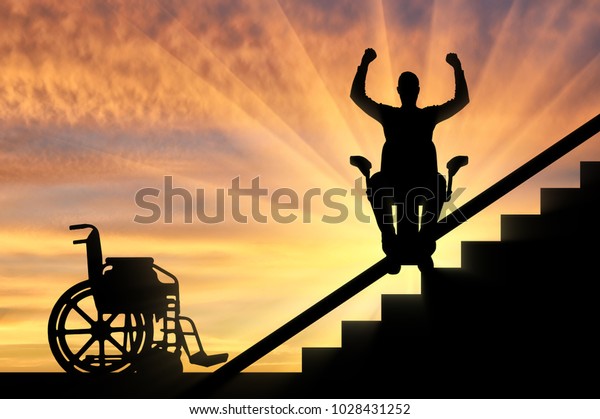 Happy disabled person\
climbs on elevator for disabled on stairs. Concept disabled lift,\
elevator, handicap