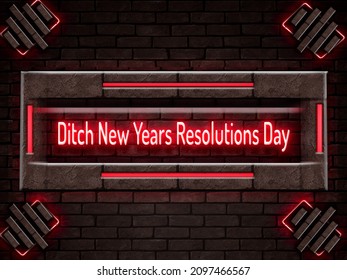 Happy Ditch New Years Resolutions Day, Calendar Of January On Workplace Neon Text On Bricks Background, Empty Space For Text, Copy Space Right