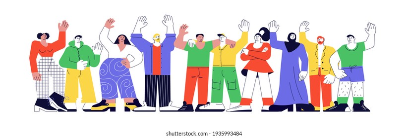 Happy Diverse People Greeting Gesture, Gesturing In Friendly Way. Group Of Smiling Different Nations Representatives Waving Hand Saying Hello. Flat Art Rastered Copy