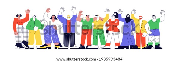 Happy diverse people\
greeting gesture, gesturing in friendly way. Group of smiling\
Different nations representatives waving hand saying hello. Flat\
Art Rastered Copy
