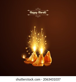 Happy Diwali, A Creative Poster Of Diwali Food. Samosa The Indian Fast Food And Crackers 