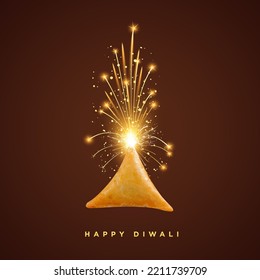 Happy Diwali, A Creative Poster Of Diwali Food. Samosa The Indian Fast Food And Crackers 