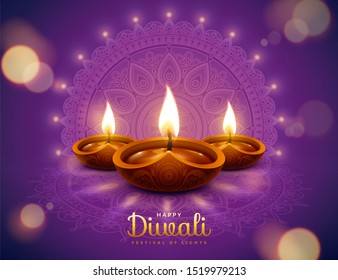 Happy diwali design with diya oil lamp elements on purple rangoli background, bokeh sparkling effect - Powered by Shutterstock