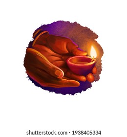 Happy Diwali Digital Art Illustration Isolated On White Background. Indian Festival Of Lights. Deepavali Hand Drawn Graphic Clip Art Drawing For Web, Print. Decorative Oil Lamp With Bright Flame