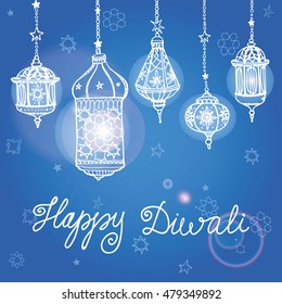 Happy Diwali Festivaltraditional Hanging Lamp Doodle Stock Illustration 