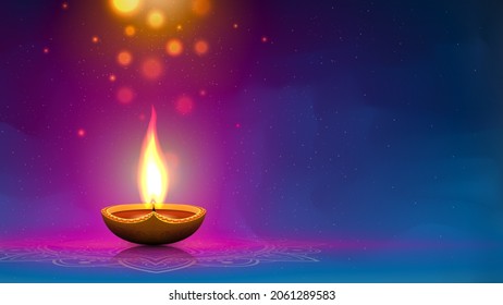 Happy diwali festive illustration. Diwali dreeting card. Design template with lamp, golden lights, colorful background. Blue magenta background, mandala. Holiday illustration