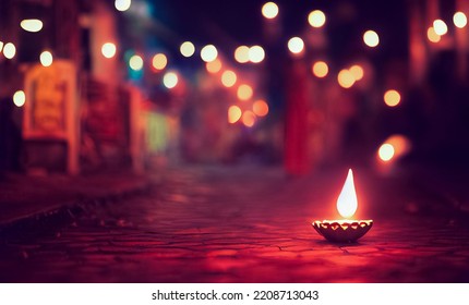 Happy Diwali - Lit diya lamp on street at night. Happy Diwali festival with oil lamp, Diwali holiday Background with rangoli, Diwali celebration greeting card. 3d rendering
 - Powered by Shutterstock