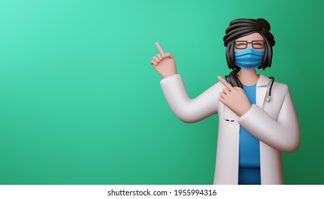 Happy doctor woman pointing fingers, 3d rendering.