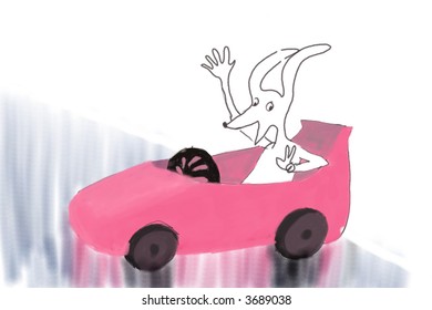 Happy dog drives pink car - Shutterstock ID 3689038