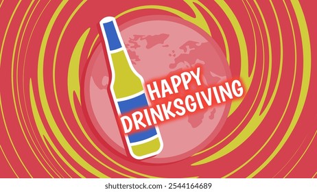 Happy DrinksGiving abstract banner design with planet earth, alcohol beverage bottle and typography on a liquid colorful background  - Powered by Shutterstock