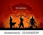 Happy Dussehra Vector Design. Lord Rama killing Ravana in Dussehra with lord hanuman and Lakshman, Vijayadashami. Dussehra Poster Design Illustration. Festival of India.