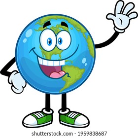 Happy Earth Globe Cartoon Character Waving For Greeting. Raster Hand Drawn Illustration Isolated On Transparent Background