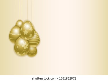 Happy Easter background with realistic decorated golden eggs. Perfect Easter template for promotion, ad, sale, flyer, greeting card, poster. Free space for the text. 3D illustration.