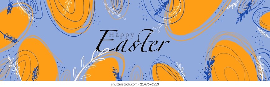 Happy Easter banner. Trendy Easter design with typography, hand drawn stokes and dots, eggs and bunny in pastel colors. Modern minimalist style. Horizontal poster greeting card website header