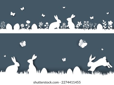Happy Easter Border With Flower And Rabbits 