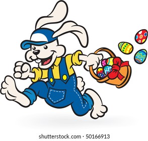 Happy Easter Bunny Hopping With Basket Full Of Eggs