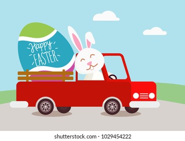 Happy Easter Bunny In Red Car.