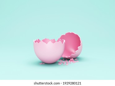 Happy Easter Concept. Empty Broken Pink Easter Egg on turquoise studio background. 3d rendering - Powered by Shutterstock