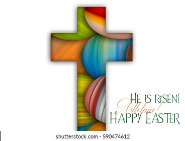 Happy Easter cross made of colorful painted Easter eggs, religious holiday background with copy space for text