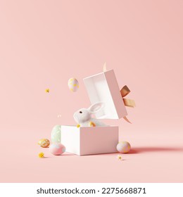 Happy Easter day  Bunny in the white gift box and eggs  3d rendering