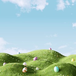 Happy Easter Day, Colorful Eggs And Daisy Flower On Meadow Under Beautiful Sky. 3d Rendering