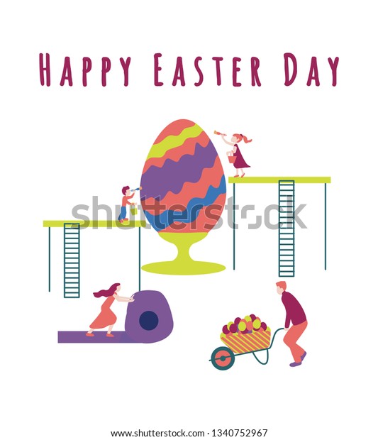 Happy\
easter day inscription. scene with families and big egg. children\
paint an egg, father rolls a garden car with candies, mother rolls\
a roll of ribbon. preparation for the\
holiday