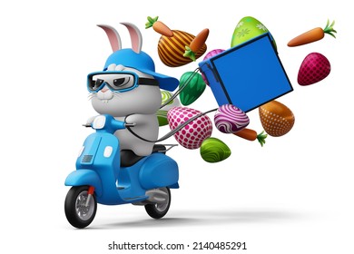 Happy Easter Day, Rabbit Delivery, Cute Bunny With Colorful Egg, 3d Rendering