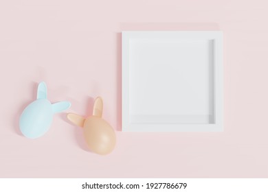 Happy easter egg and empty white frame on pink background. 3d render.