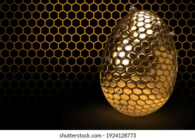 Happy Easter egg hive with bee on honey comb  Shiny hexagonal gold big eggs on a black background with bee.  All isolated as a banner for holiday. 3D rendering.