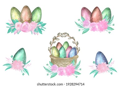Happy Easter eggs decor, spring flowers, decorative egg basket. Easter holiday collection of items.