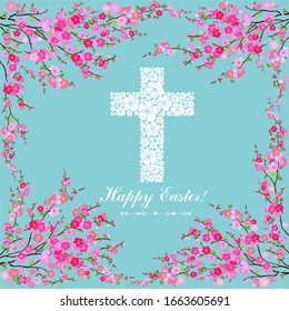 Happy Easter! Flower Cross Made of Painted Floral Elements. Perfect for Easter, Baptism, and Christening Announcements. Flower White Cross isolated on mint background. Christian Symbol.  Illustration - Powered by Shutterstock