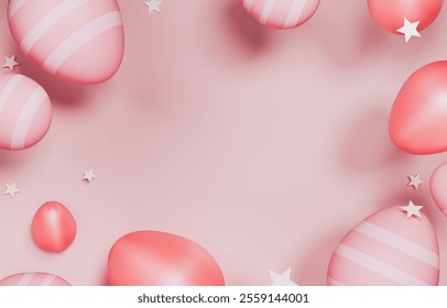 Happy Easter greeting card. 3d render. Painted eggs, stars flying on pink background. Copy space poster on party events. Religious April Easter holiday. Mockup template illustration.  - Powered by Shutterstock