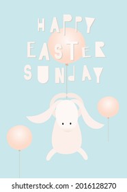 Happy Easter Greeting Card – Easter Bunny Flying On A Balloon. Lettering Happy Easter Sunday. Kids Illustration In Retro Design.