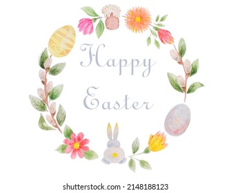 Happy Easter greeting card. Easter design with flowers, willow, eggs and rabbit.