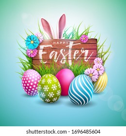 Happy Easter Holiday Design with Painted Egg, Flower and Rabbit Ears on Vintage Wood Background. International Celebration Illustration with Typography for Greeting Card. JPG version. 3d illustration