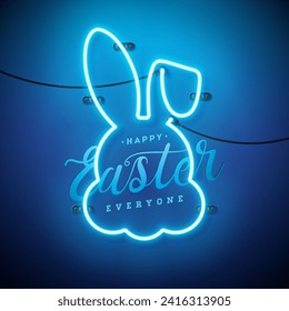 Happy Easter Illustration with Glowing Neon Light and Typography Letter on Blue Background.  Easter Day Holiday Design for Flyer, Greeting Card, Banner, Holiday Poster or Party Invitation. JPG Version - Powered by Shutterstock