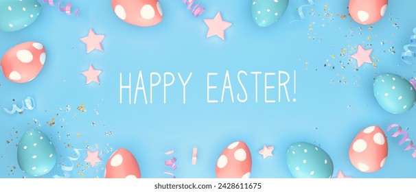 Happy Easter message with Easter eggs with spring holiday pastel colors - 3D render
