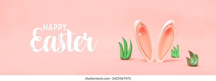 Happy Easter message with rabbit ears and green grasses - 3D render