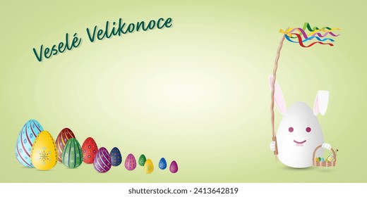 Happy Easter postcard or greeting card in Czech language, with traditional Easter symbols, painted eggs, rabbit with pomlazka and text Vesele Velikonoce, vector image, illustration.