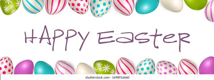 Happy Easter. Easter Poster And Banner Template With Easter Eggs. Congratulations And Gifts On The Day Of The Passover In A Reclining Style. Promotion And Shopping Template For Easter 3D Image