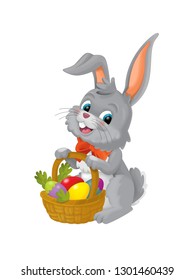 The happy easter rabbit with basket full of eggs on white background - illustration for the children